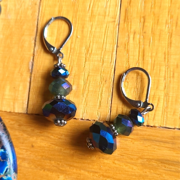Handmade Steampunk Blue Imperial Jasper Teardrop Necklace and Earrings - Picture 8 of 12